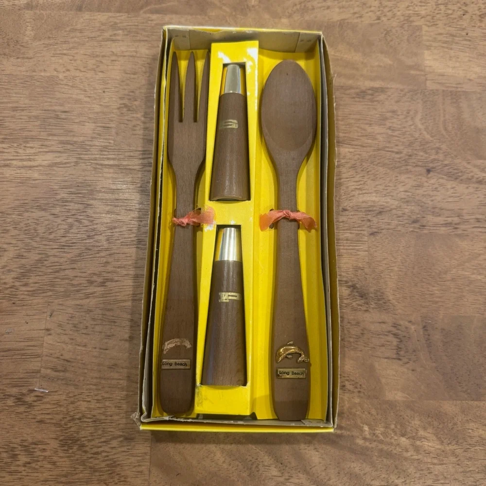 Vintage MCM Midcentury Modern Wood Salad Set Fork Spoon Salt Pepper Shaker New